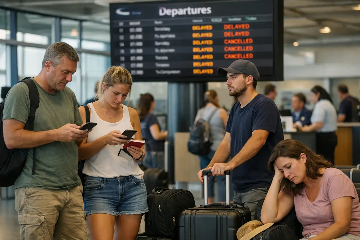 Passeggeri in aeroporto controllano lo smartphone davanti al tabellone partenze con voli in ritardo e cancellati