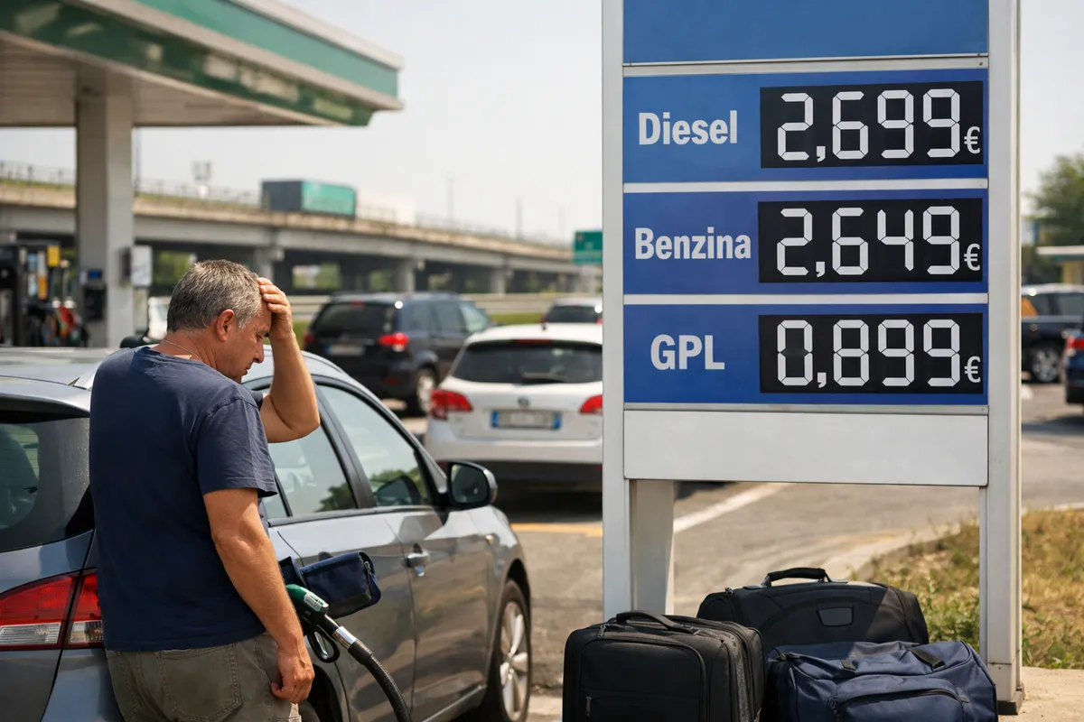 Cartello prezzi carburanti con diesel a 2,699€/l e benzina a 2,649€/l, uomo preoccupato alla pompa
