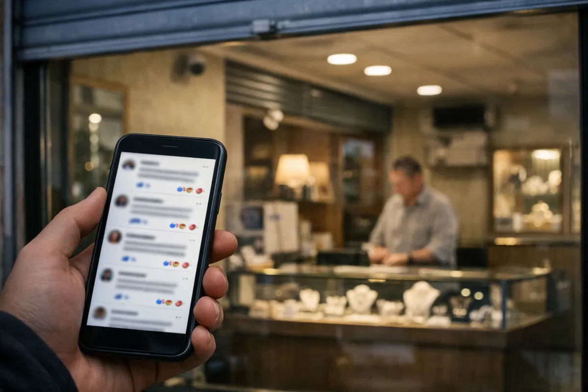 Mano con smartphone che mostra commenti sfocati davanti alla vetrina di una gioielleria, con negoziante sullo sfondo