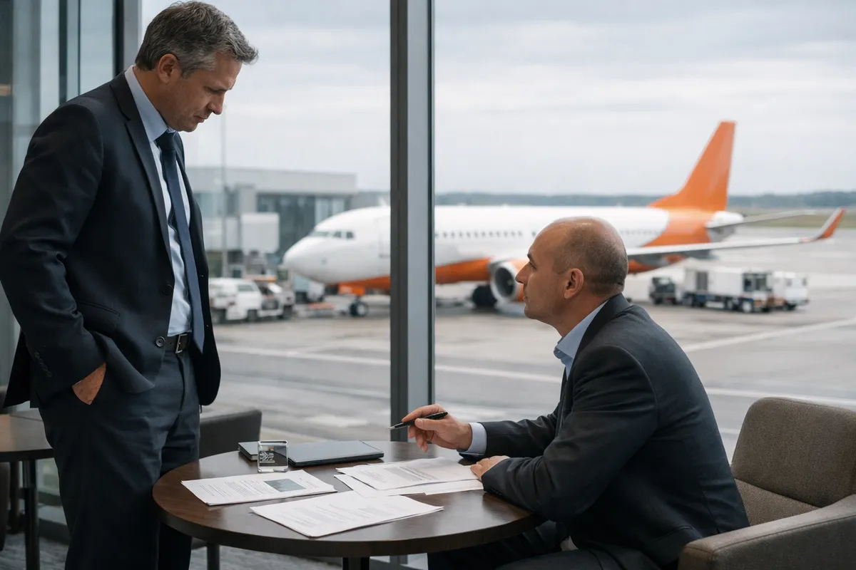 Due manager discutono su documenti in una lounge aeroportuale, con un aereo bianco e arancione visibile sulla pista