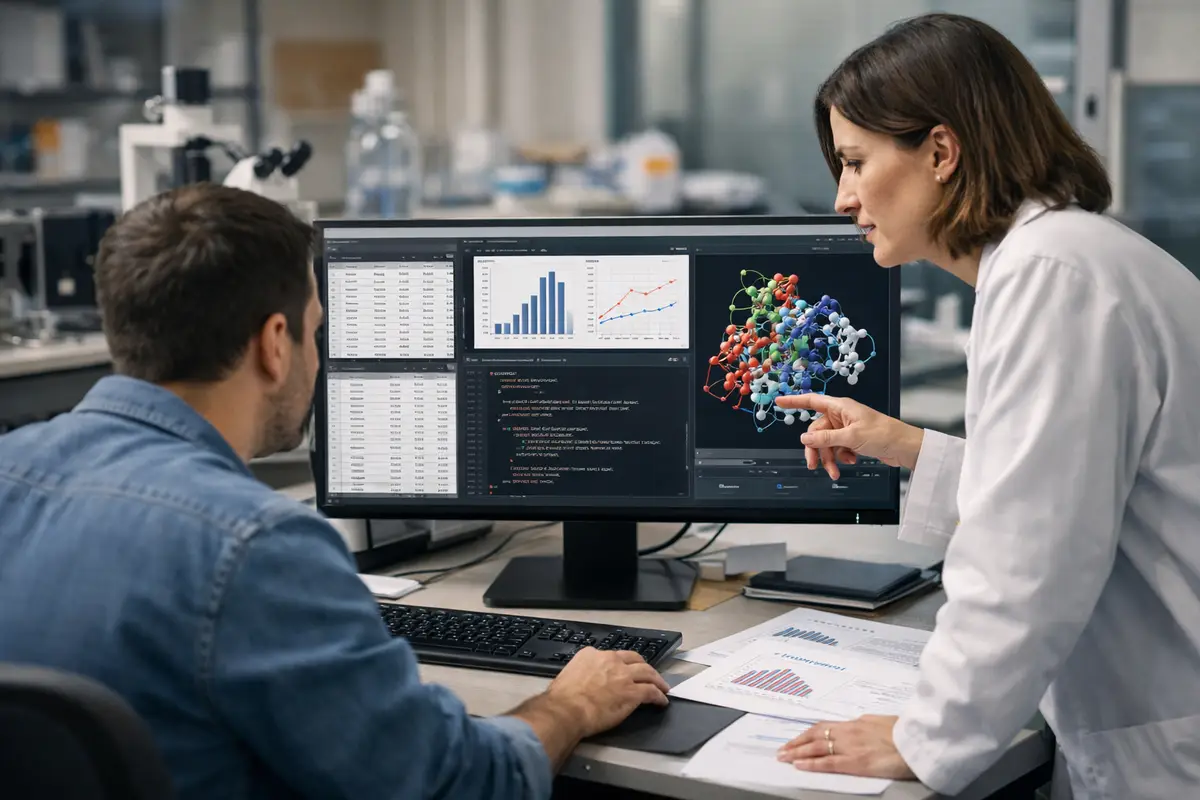 Due ricercatori in laboratorio davanti a un monitor con dati, codice, grafici e modello molecolare 3D