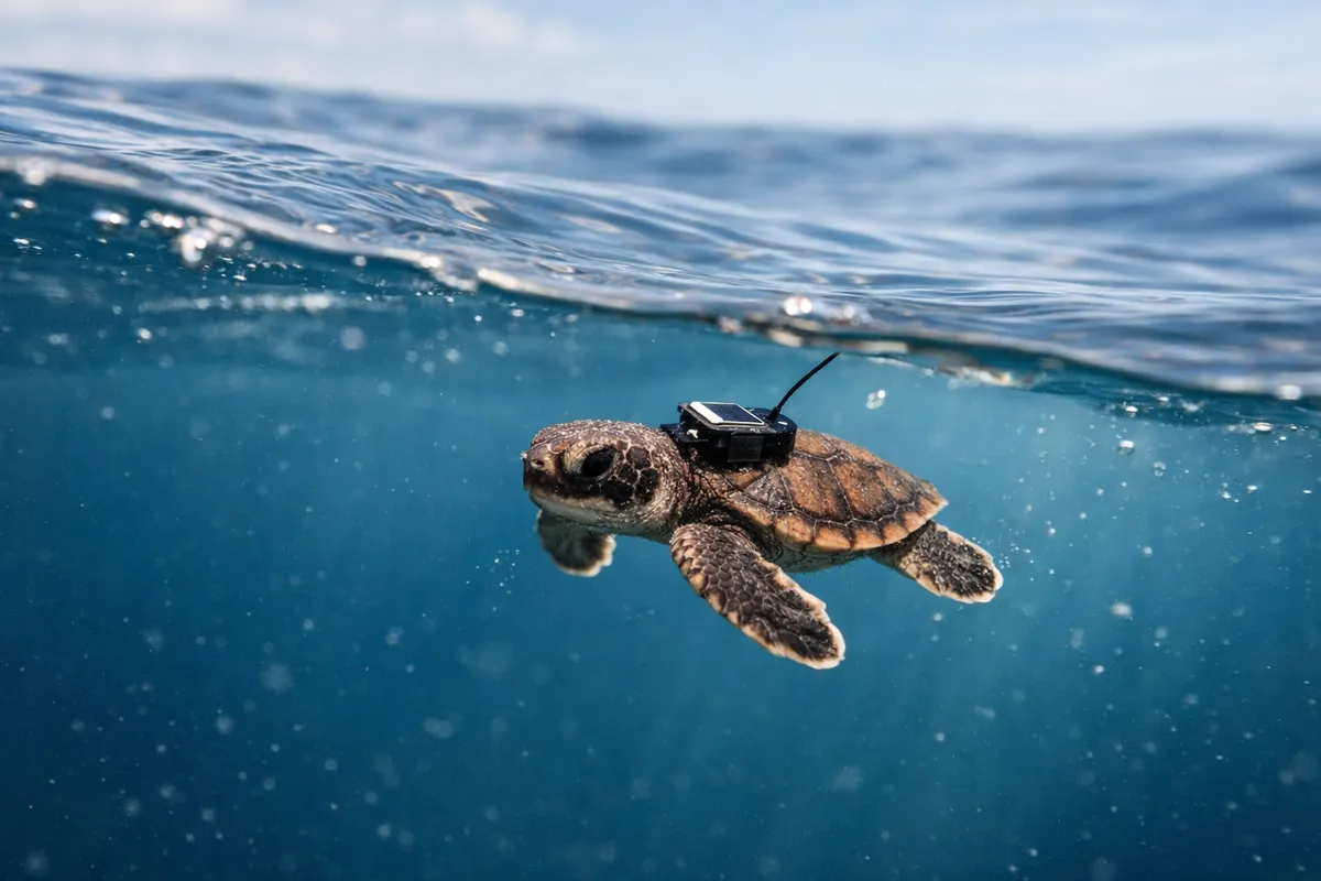 Piccola tartaruga marina appena nata nuota vicino alla superficie con un minuscolo trasmettitore sul carapace