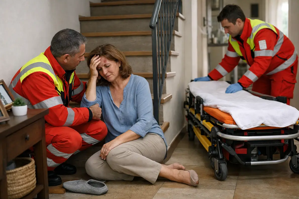 Donna seduta a terra ai piedi delle scale, con un livido sulla fronte, assistita da due soccorritori e una barella accanto