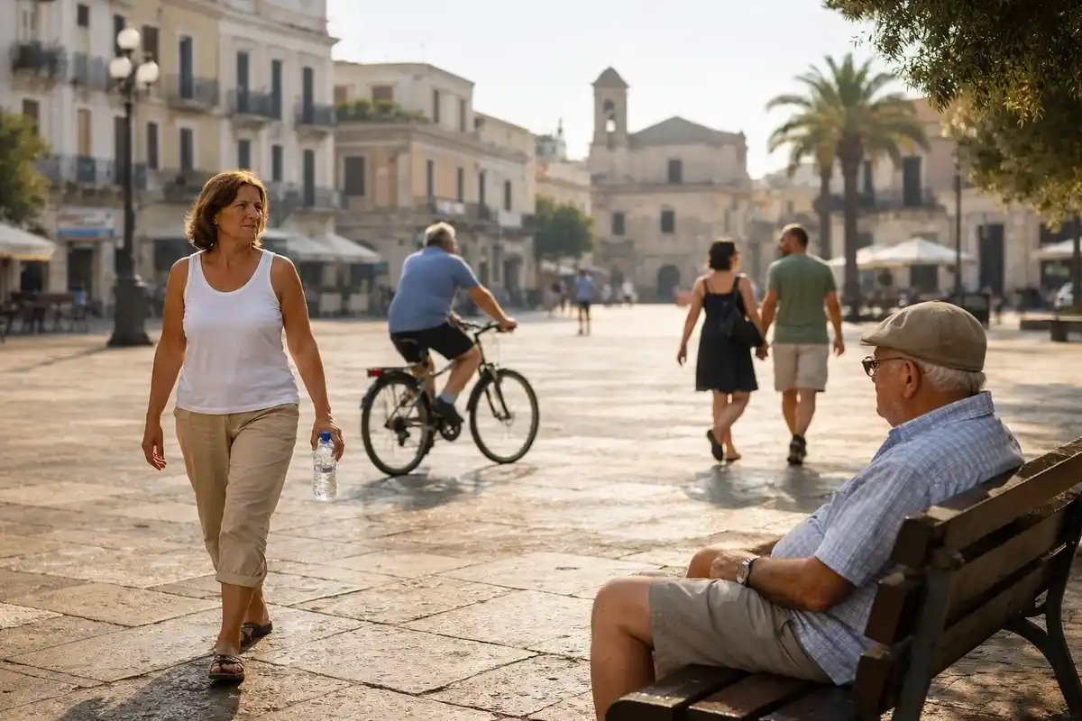 Piazza italiana in estate con donna che cammina con una bottiglia d’acqua, ciclista e anziano seduto su una panchina