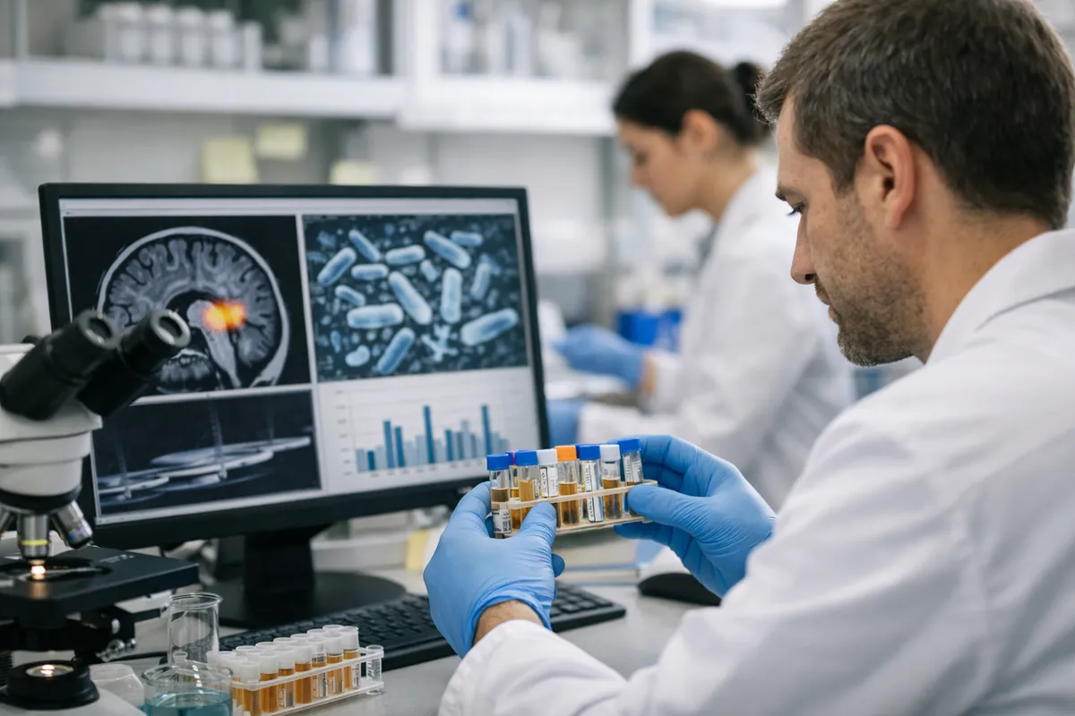 Ricercatore in laboratorio con provette e monitor con scansione cerebrale, batteri e grafico