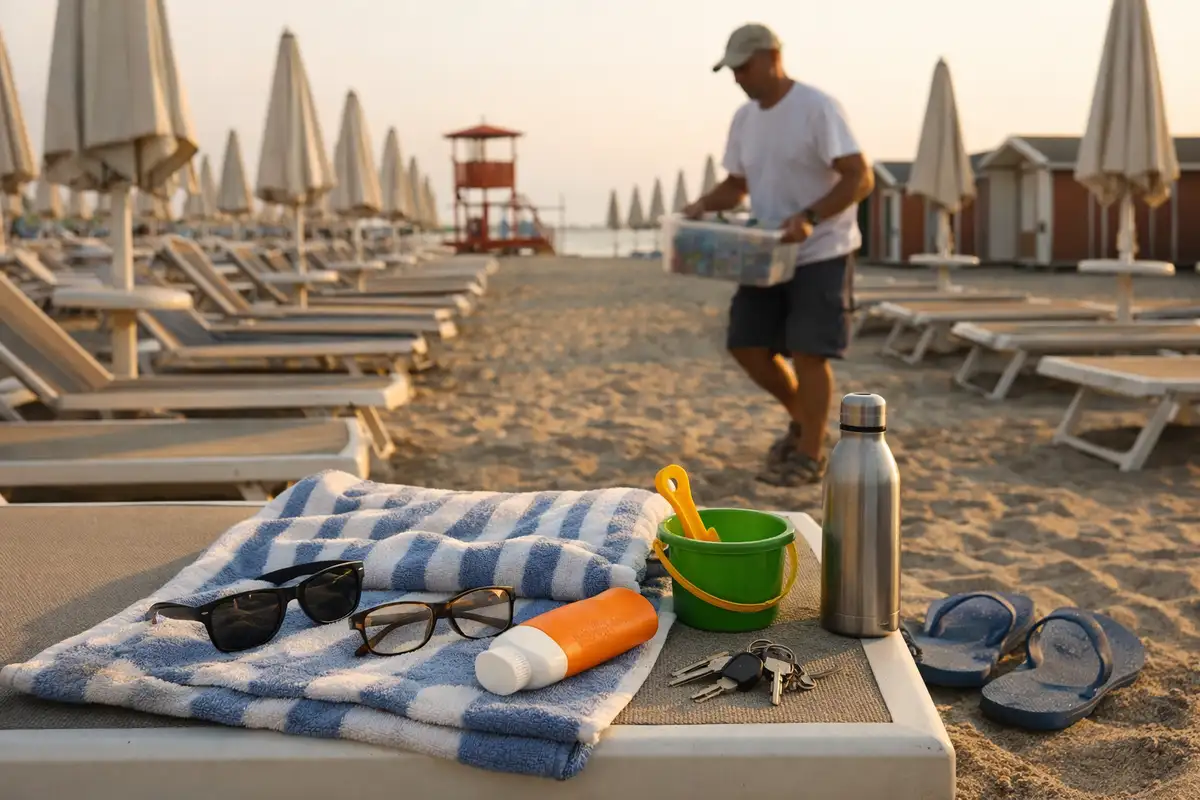 Oggetti dimenticati su un lettino in spiaggia: occhiali, crema solare, chiavi, borraccia, secchiello e ciabatte