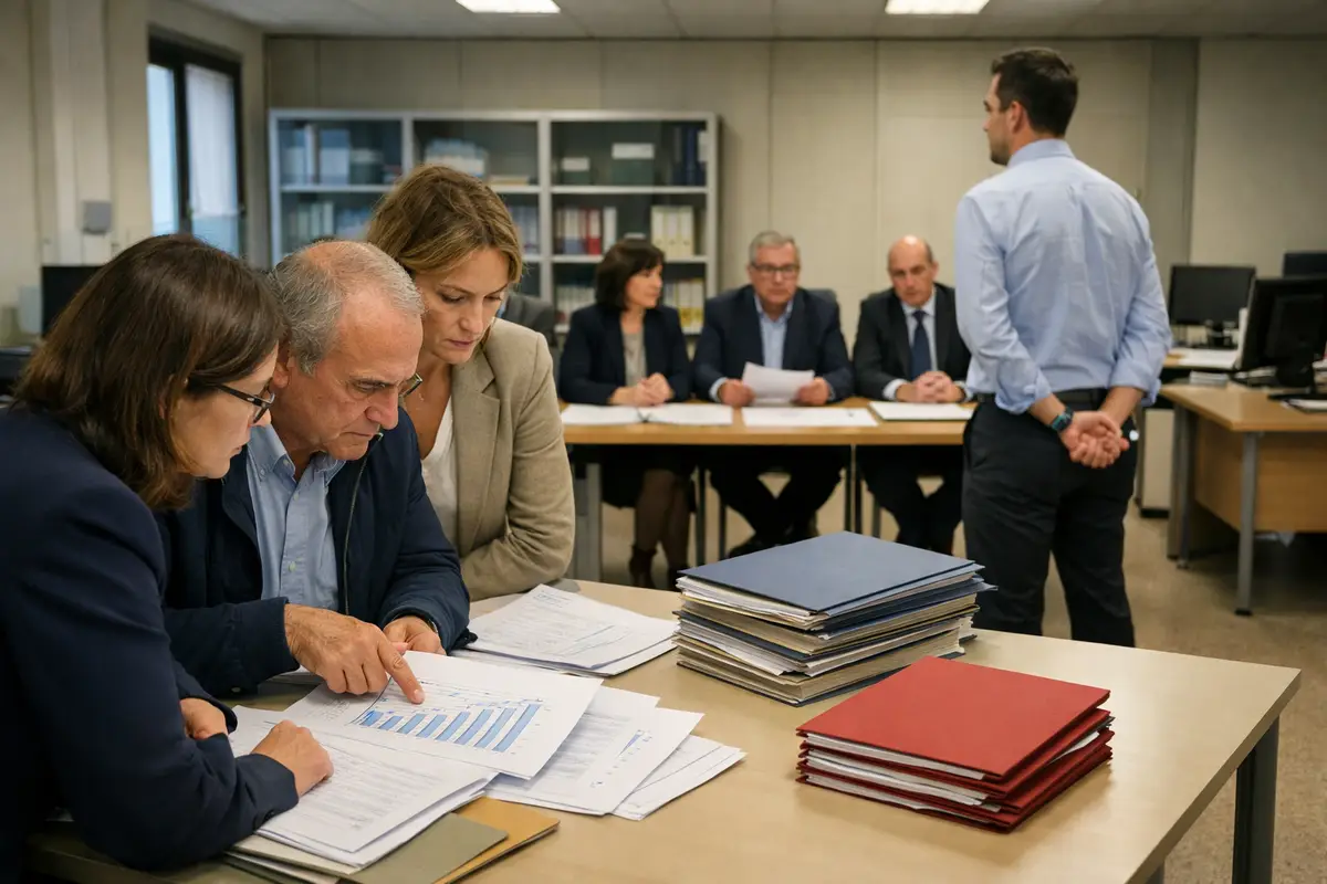 Commissione in ufficio che valuta documenti e grafici, con un dipendente in piedi davanti al tavolo