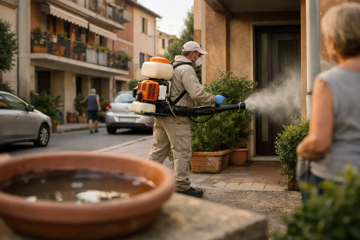 Operatore di disinfestazione spruzza insetticida davanti a un condominio, con un sottovaso pieno d’acqua in primo piano