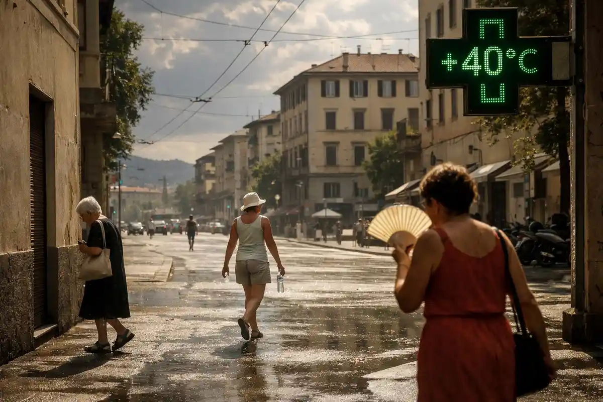 Strada cittadina con asfalto bagnato e insegna luminosa che segna +40°C, passanti con ventaglio e acqua