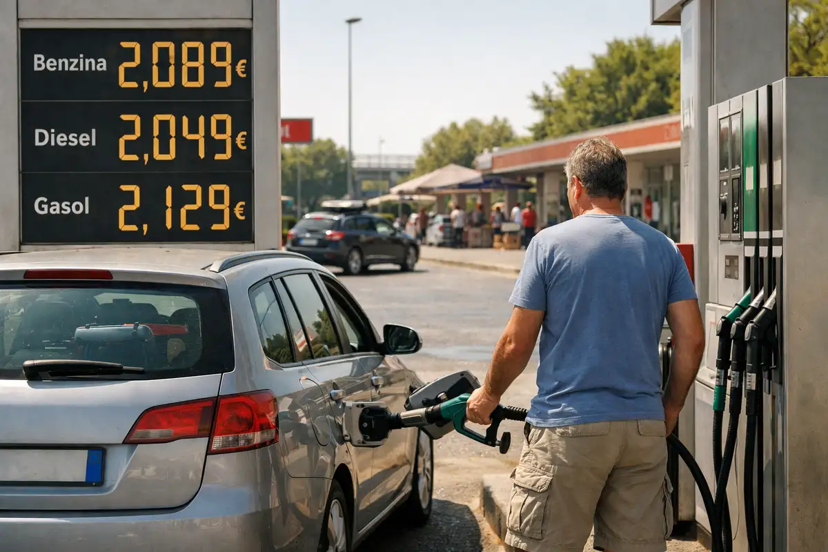 Uomo fa rifornimento a un’auto in un’area di servizio, con tabellone prezzi benzina e diesel sopra i 2 euro al litro