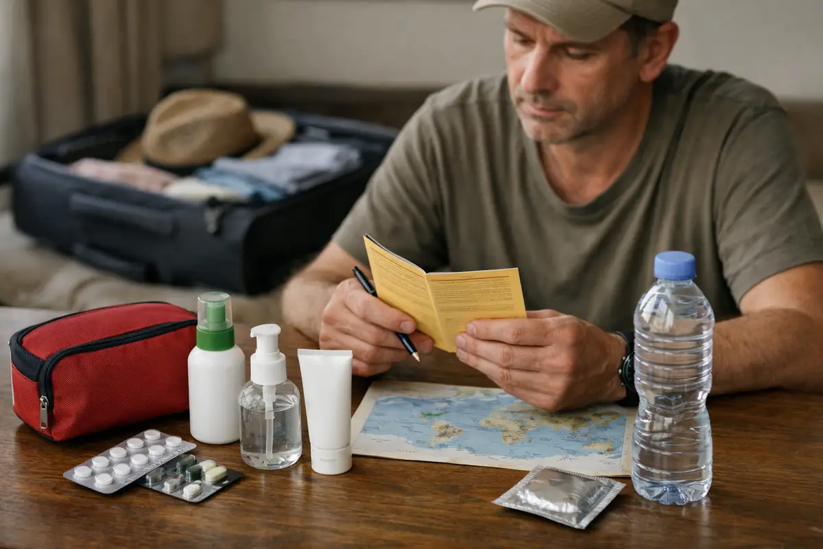 Viaggiatore controlla un libretto sanitario al tavolo con farmaci, repellenti e valigia aperta