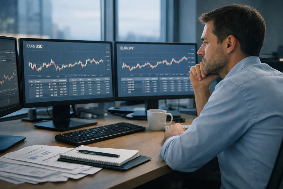 Analista al desk osserva grafici di cambio EUR/USD ed EUR/JPY su due monitor in ufficio