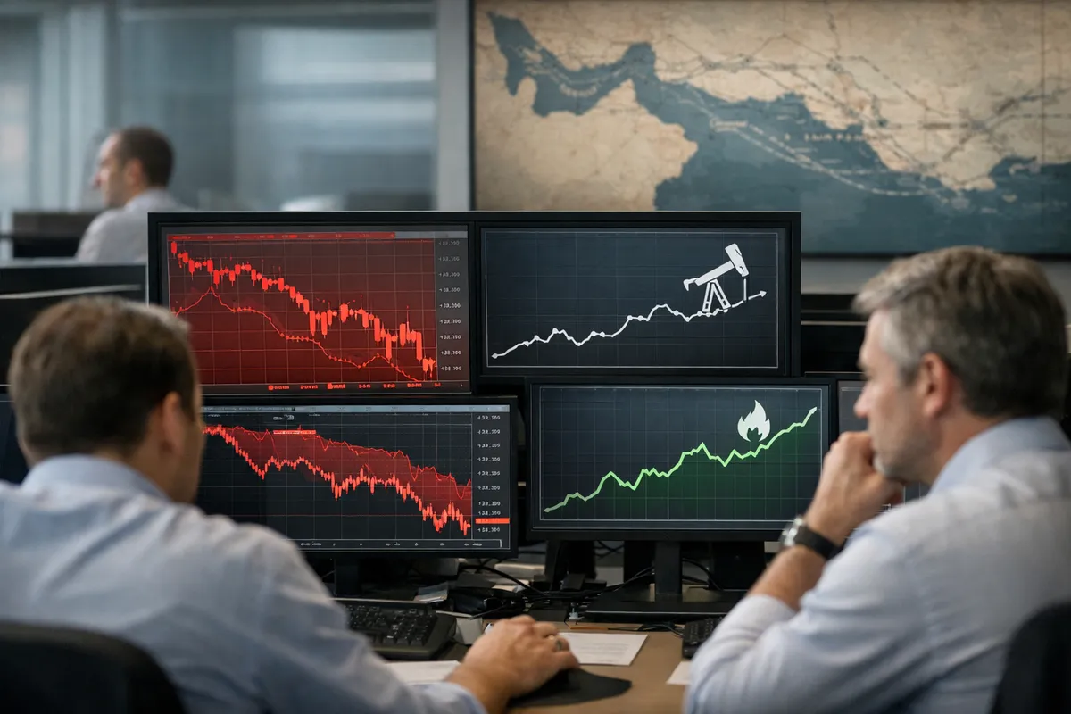 Trader in sala mercati davanti a monitor con grafici in rosso e andamento in rialzo di petrolio e gas