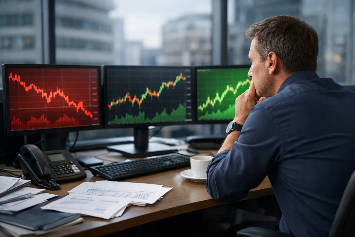 Analista davanti a tre monitor con grafici di Borsa in rosso e verde, in ufficio con telefono, carte e tazza di caffè