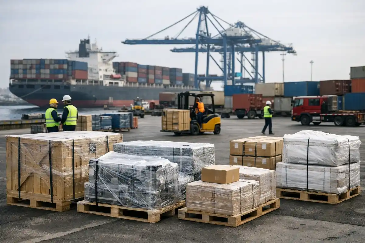 Pallet di merci imballate in un porto container, con operai, muletto, nave cargo e gru sullo sfondo