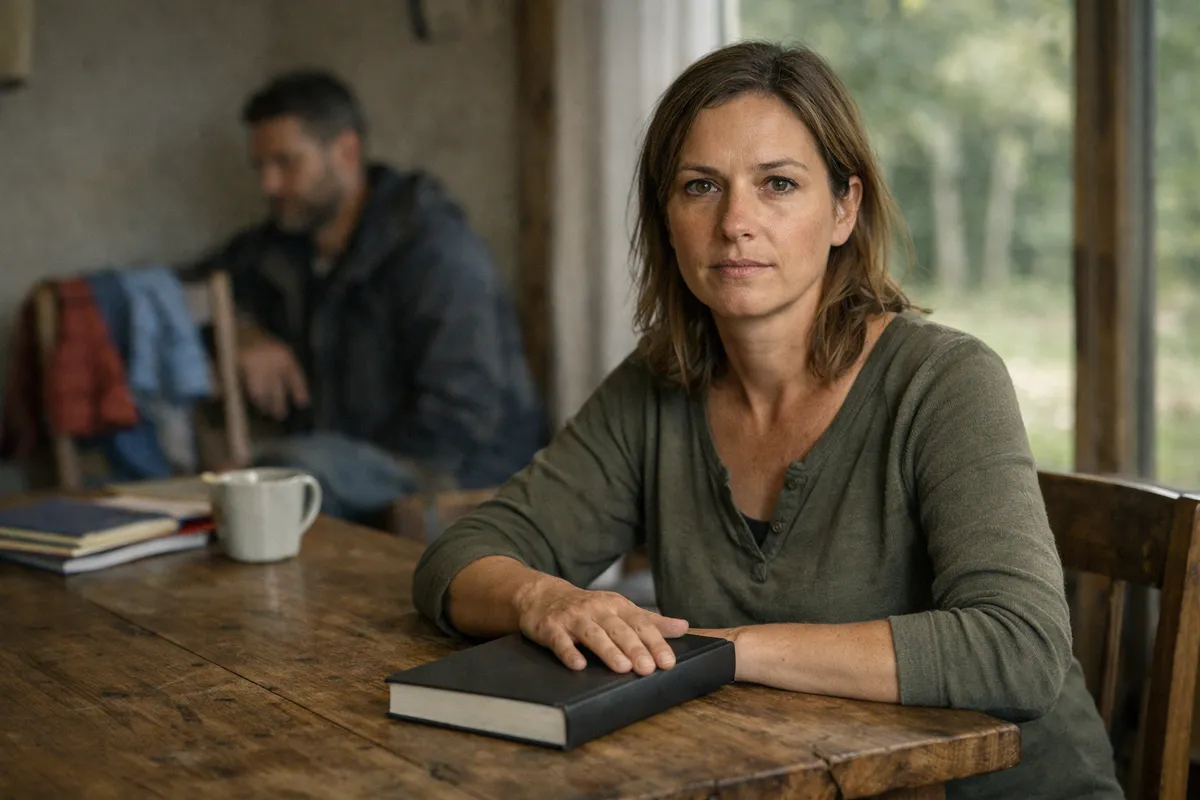 Donna seduta a un tavolo di legno con un libro chiuso, in casa vicino a una finestra sul bosco, con un uomo sfocato sullo