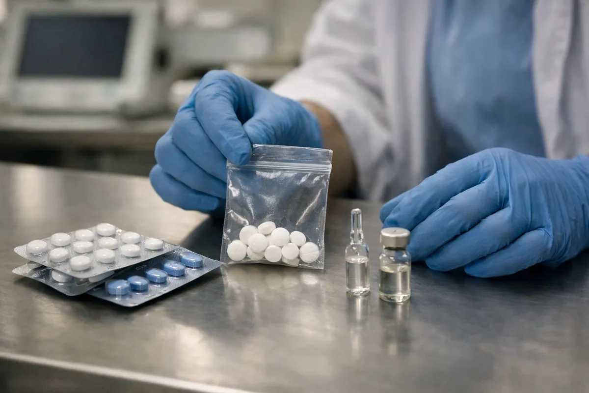 Mani con guanti blu esaminano blister di pillole, una bustina con compresse bianche e fiale su un tavolo di laboratorio