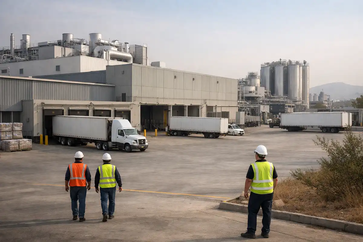 Operai con caschi e gilet osservano un grande stabilimento industriale con camion alle baie di carico