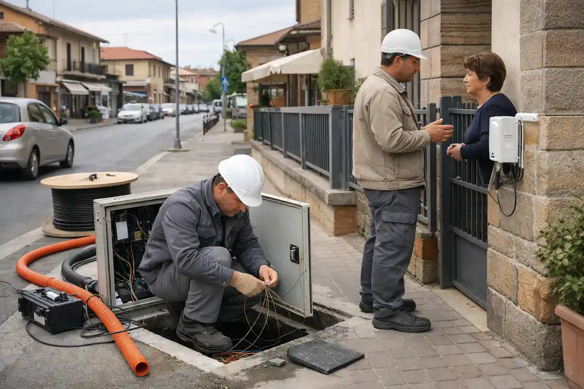 Tecnico al lavoro su un pozzetto e cavi in fibra ottica, mentre un collega parla con una residente davanti a casa