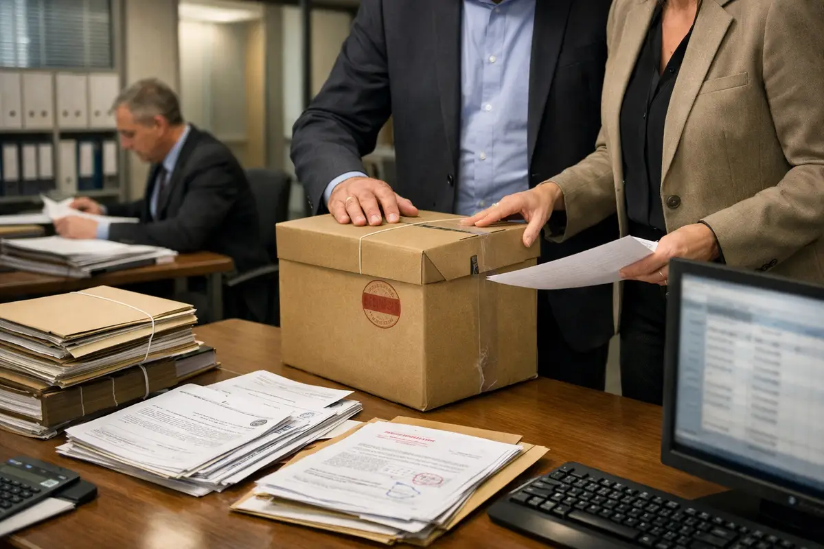 Scatola sigillata e fascicoli su una scrivania d’ufficio mentre due persone catalogano documenti