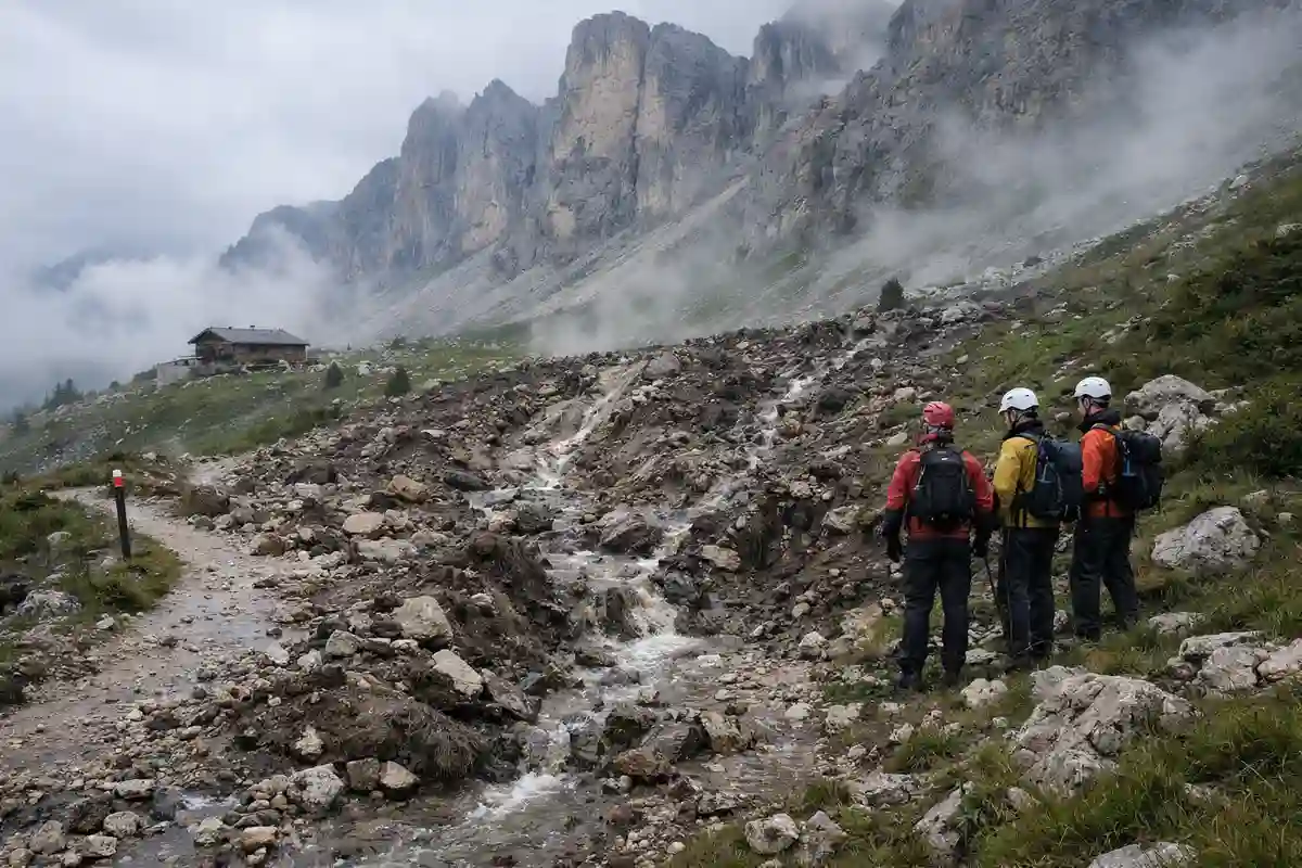 Frana con detriti e ruscelli d’acqua su un sentiero alpino, con tre soccorritori che osservano e una baita sullo sfondo