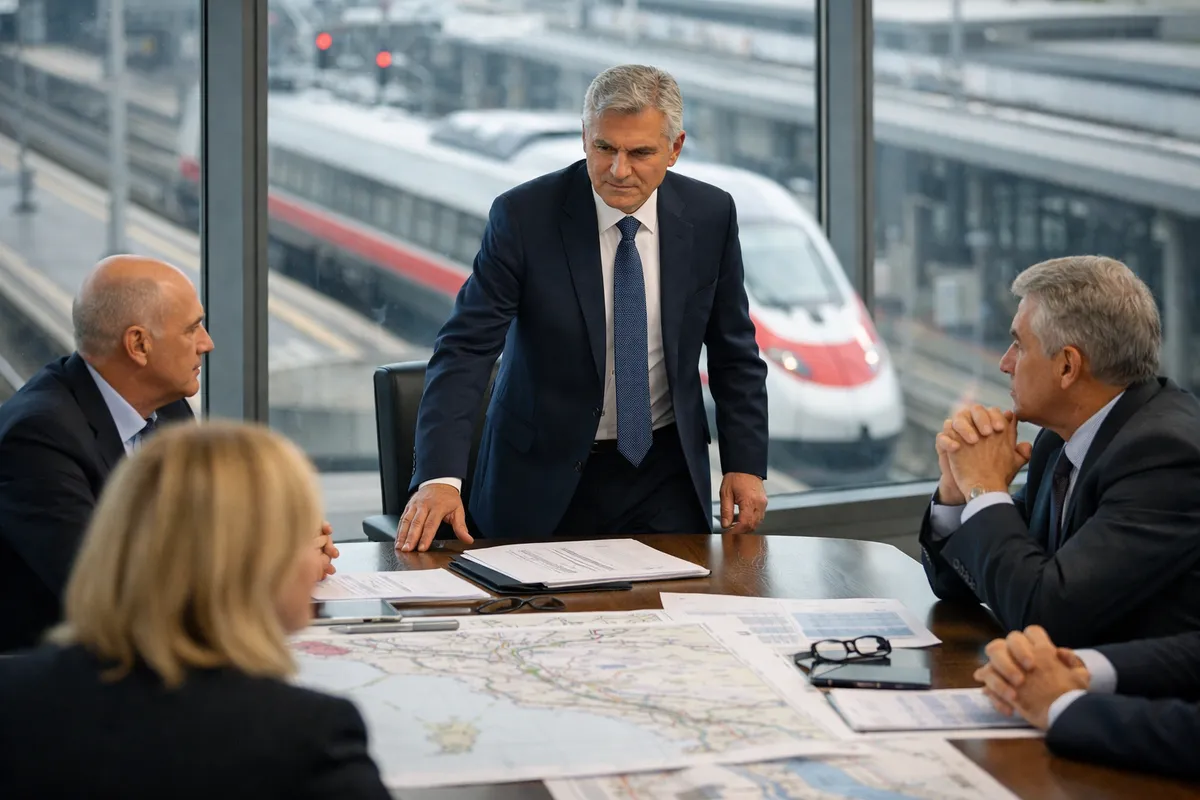 Dirigenti in riunione attorno a un tavolo con documenti e mappa, con un treno ad alta velocità sullo sfondo