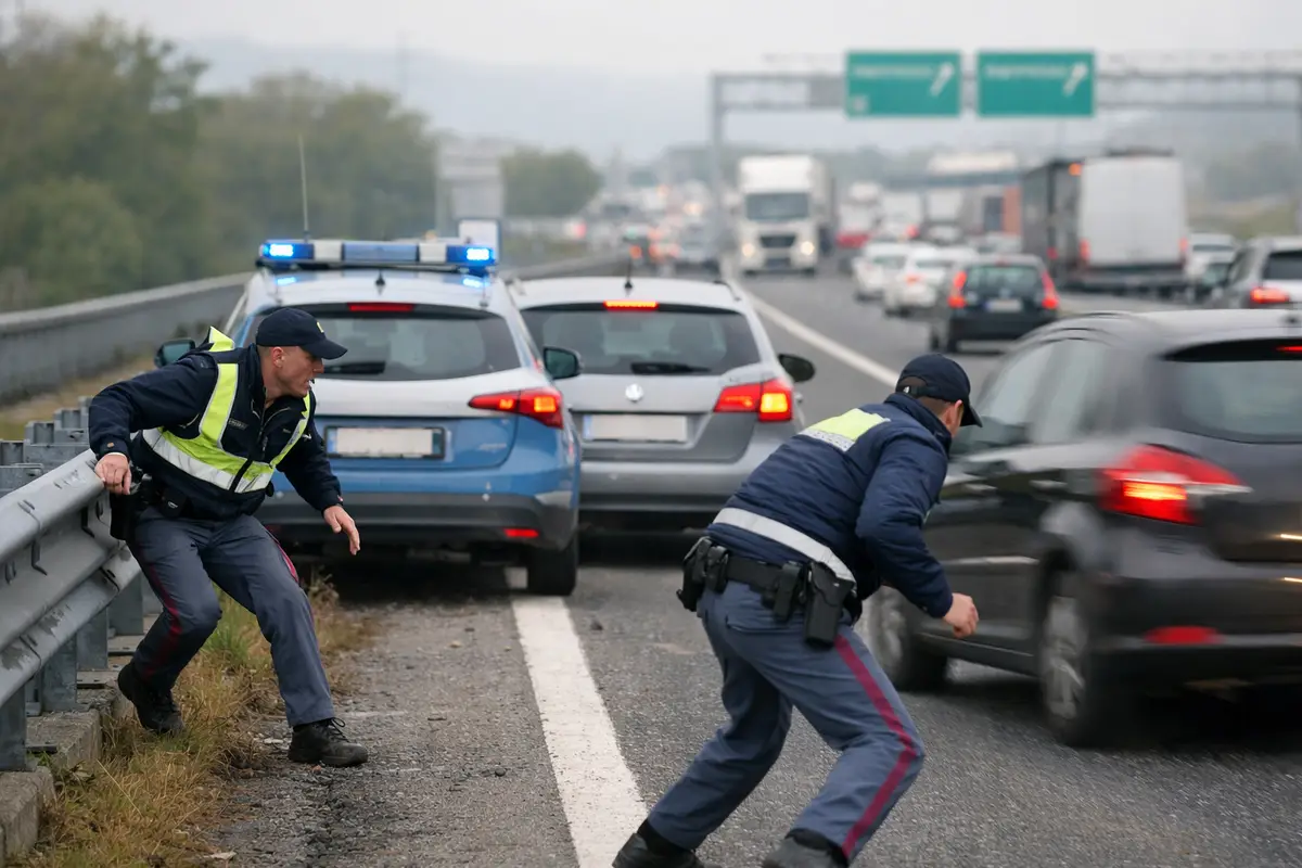 Due agenti in divisa si scansano sulla corsia d’emergenza mentre un’auto scura sfreccia accanto, con pattuglia lampeggiante