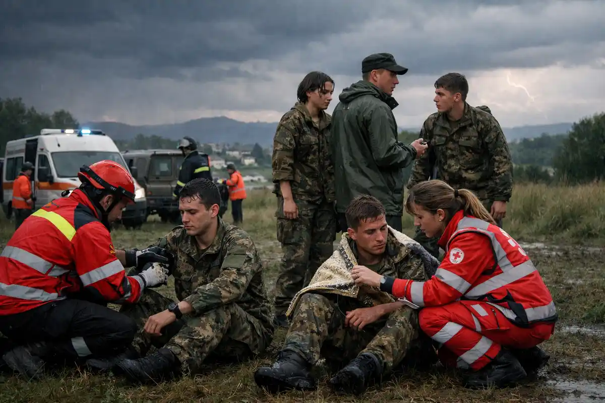 Soccorritori assistono due militari seduti in un campo fangoso dopo un temporale, con ambulanza sullo sfondo