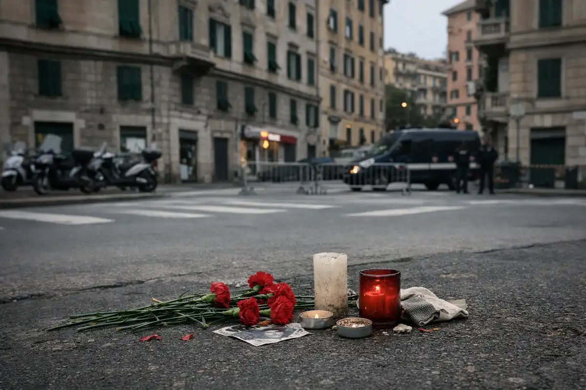 Memoriale con candele e garofani rossi sull’asfalto di una piazza, con furgone e agenti sullo sfondo sfocato