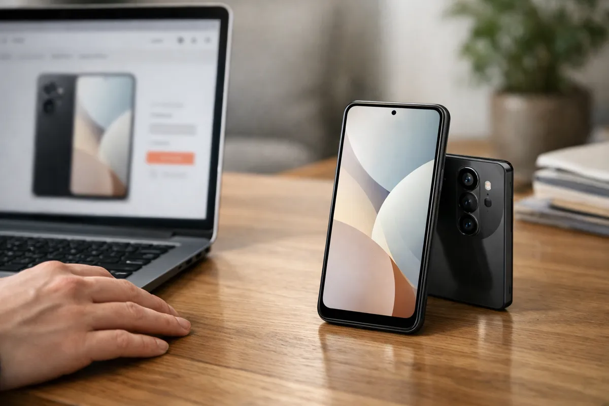 Due smartphone su una scrivania in legno accanto a un laptop con pagina e-commerce sfocata e una mano vicino al trackpad