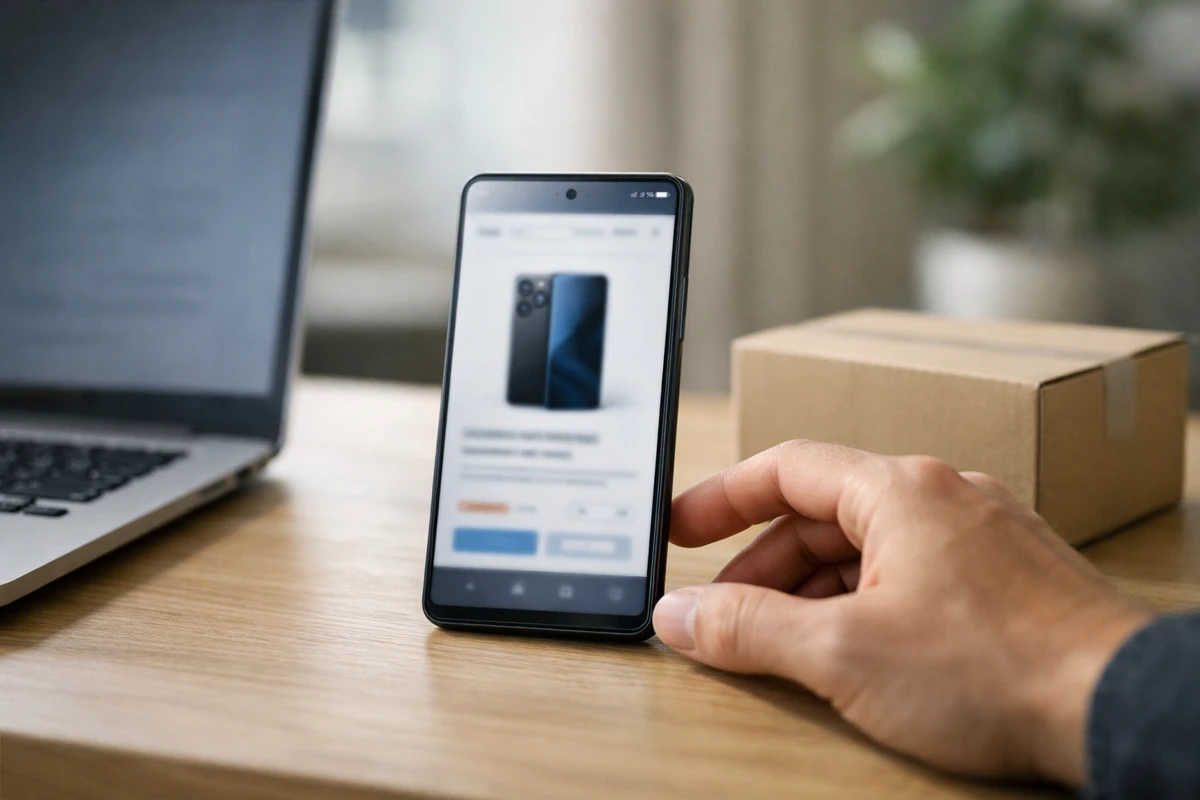 Smartphone su una scrivania con pagina di acquisto sfocata, mano in primo piano, laptop e pacco di cartone sullo sfondo