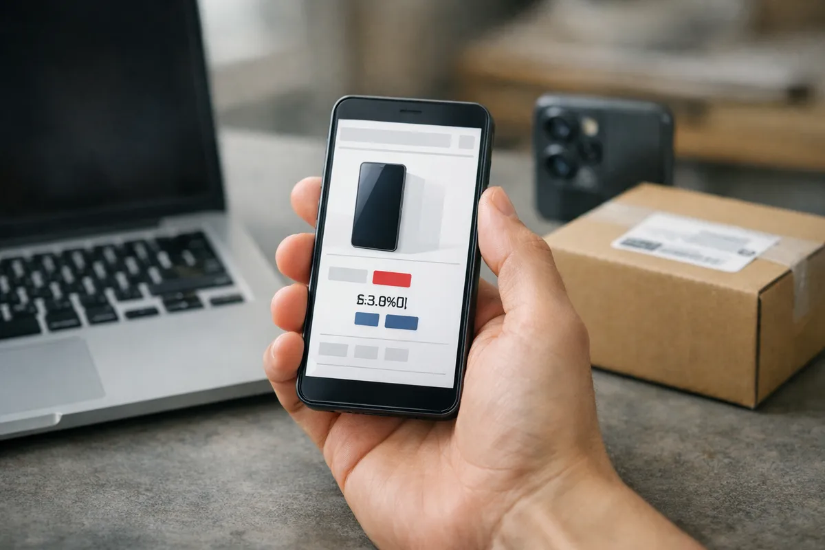 Mano che tiene uno smartphone con pagina e-commerce, vicino a laptop aperto e pacco di spedizione su una scrivania