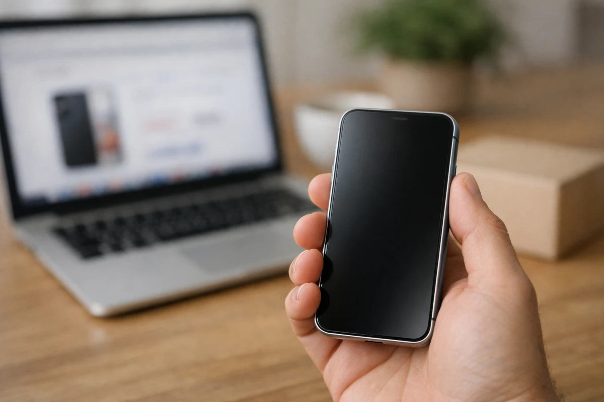 Mano che tiene uno smartphone compatto con schermo nero, con laptop sfocato e scatola di cartone sul tavolo