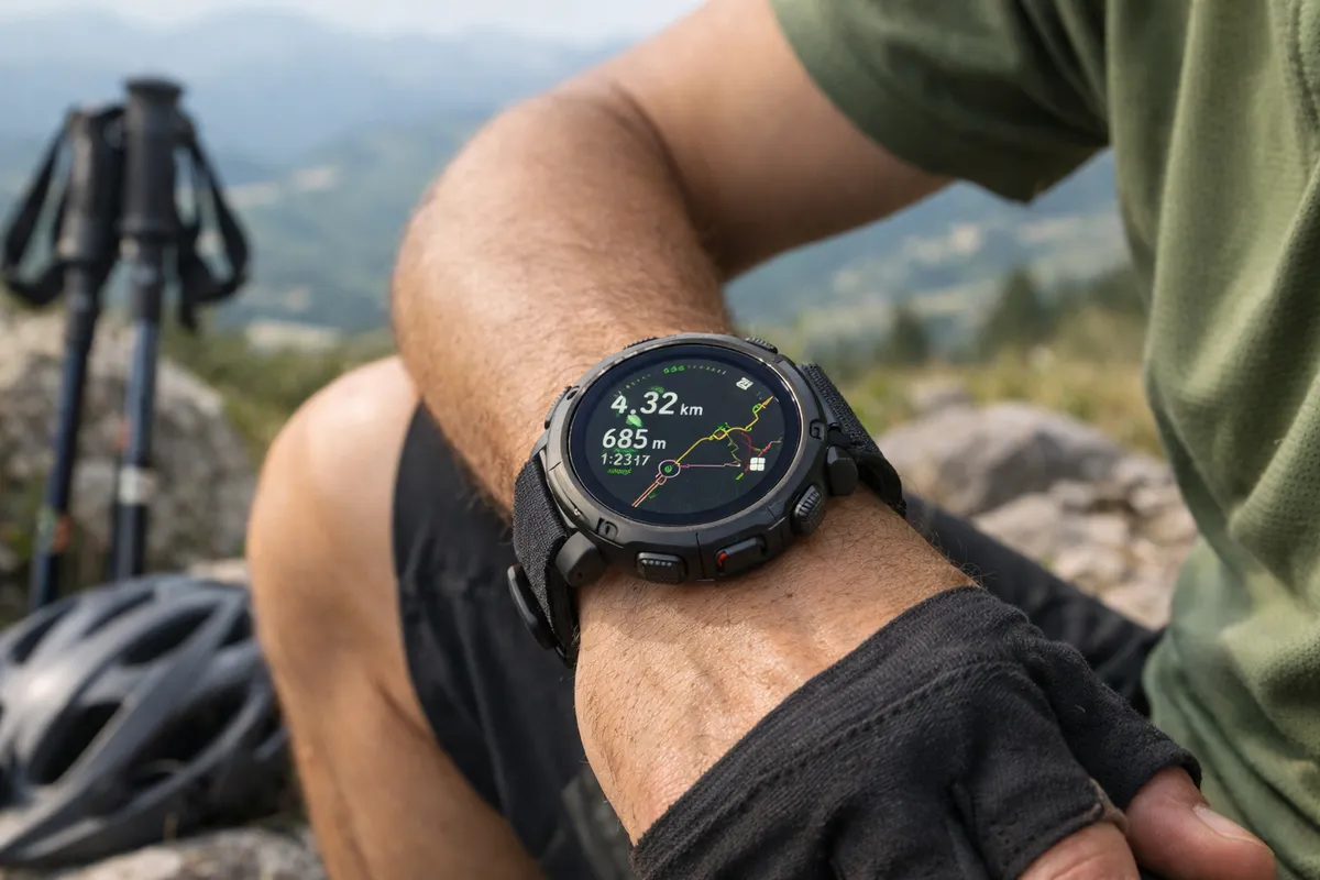 Smartwatch rugged al polso con schermata di navigazione e metriche, durante una pausa su un sentiero di montagna