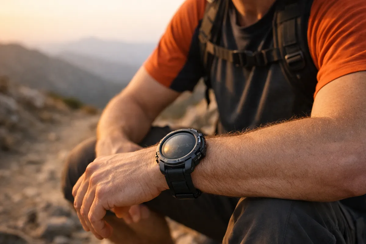 Escursionista su sentiero di montagna con smartwatch rugged al polso illuminato dal sole al tramonto