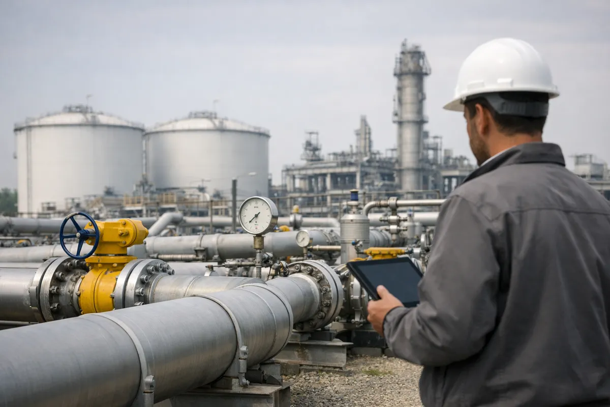 Tecnico con casco e tablet accanto a tubazioni e manometri in un impianto di stoccaggio del gas con serbatoi sullo sfondo