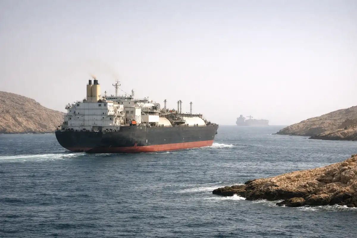 Petroliera che attraversa uno stretto tra coste rocciose, con un’altra nave lontana nella foschia