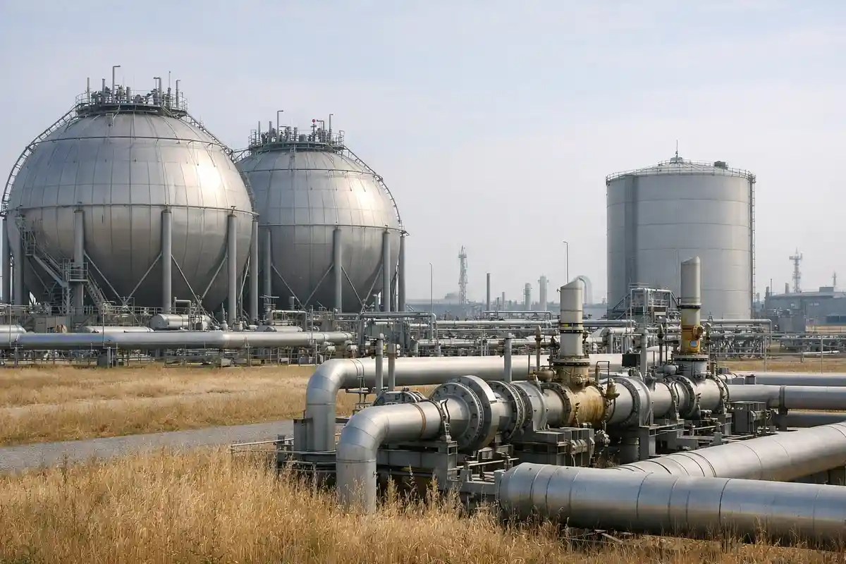 Serbatoi di stoccaggio gas e rete di tubazioni in un impianto industriale, con erba secca e cielo sereno