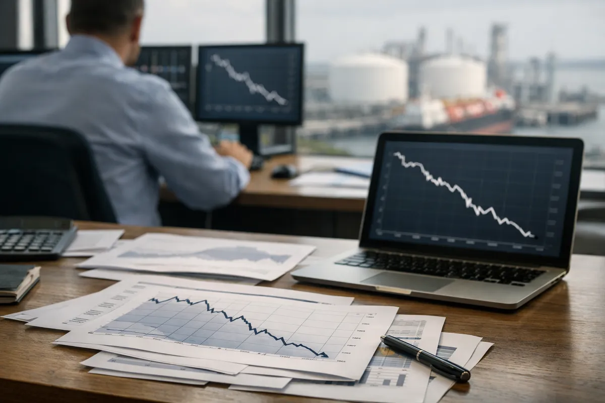 Scrivania in ufficio trading con laptop e grafici in calo, sullo sfondo terminale di gas con serbatoi