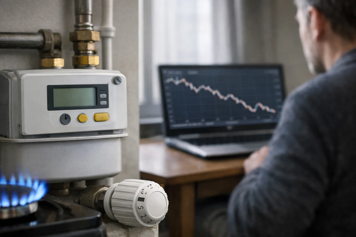 Contatore del gas e valvola del termosifone con laptop sullo sfondo che mostra un grafico in calo