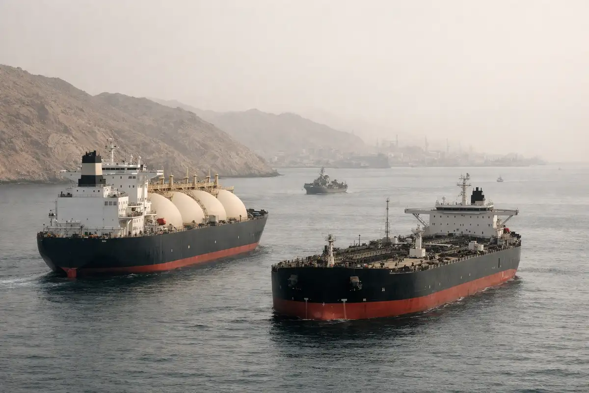 Due grandi petroliere, una metaniera e una nave di scorta in un canale marittimo stretto con costa arida sullo sfondo