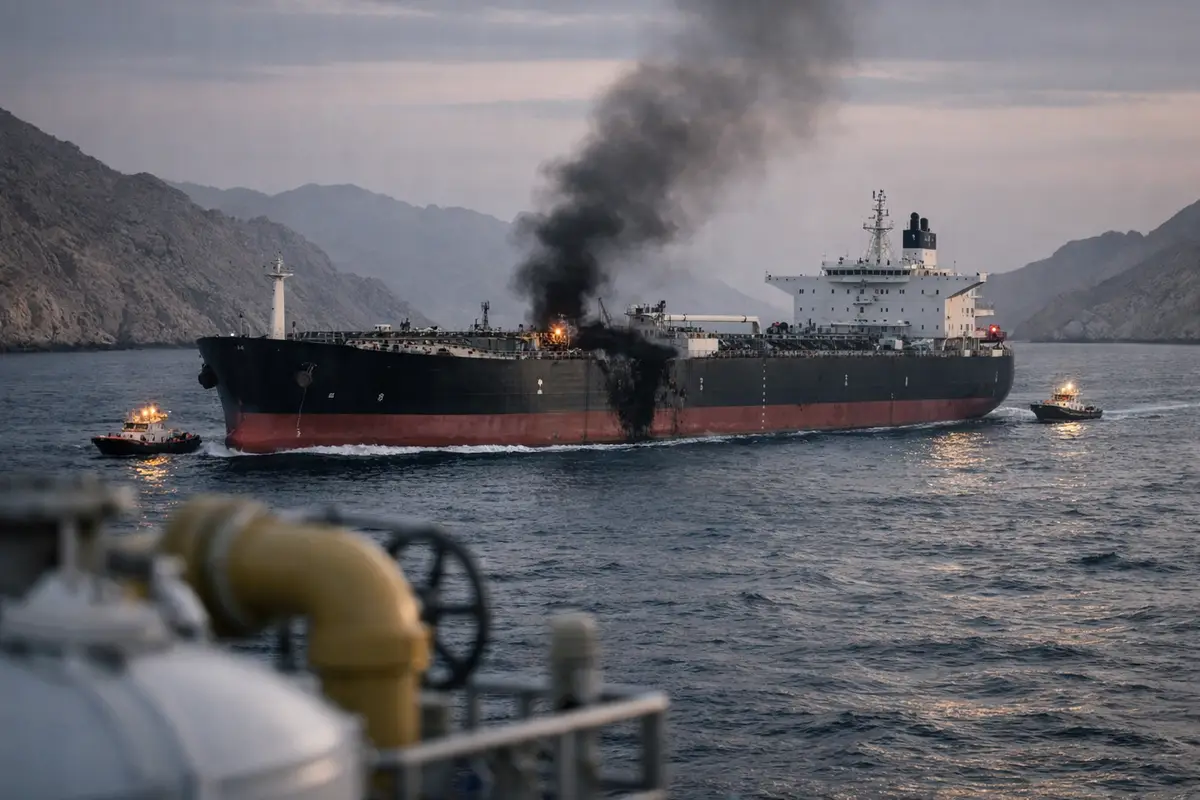 Petroliera in mare con fumo nero dal ponte, scortata da piccole imbarcazioni tra coste rocciose