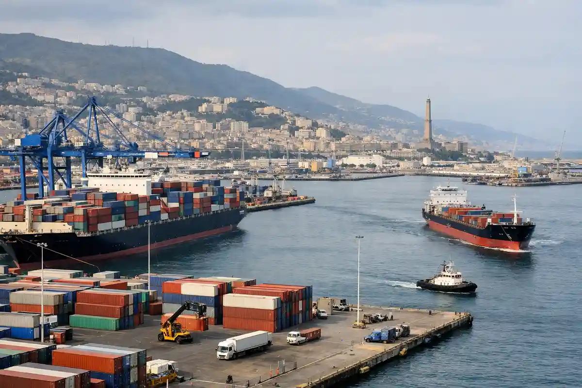 Terminal container nel porto di Genova con navi cargo, gru, container impilati e la città sullo sfondo