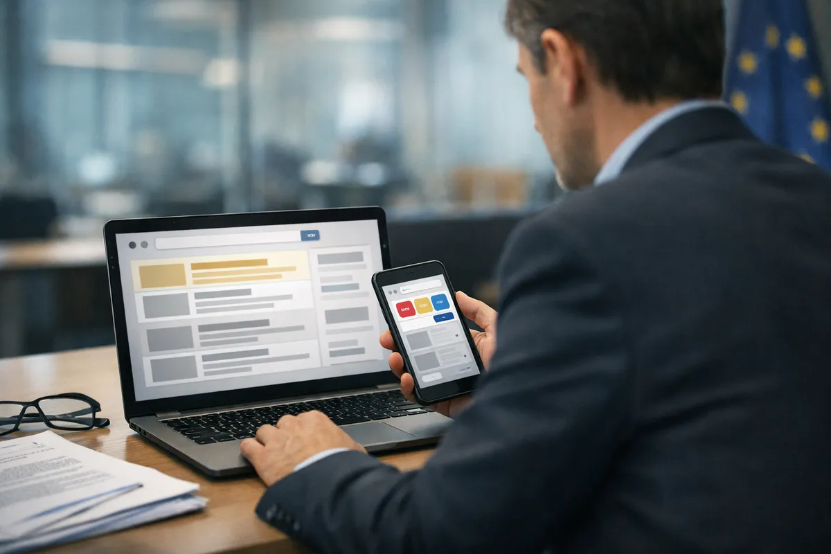 Uomo in giacca guarda risultati di ricerca sul laptop e uno store di app sullo smartphone, con bandiera Ue sfocata sullo