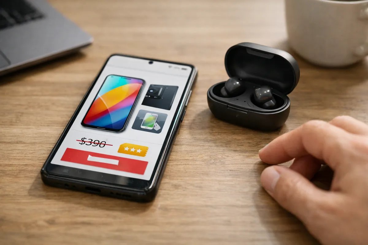 Smartphone su scrivania in legno con pagina prodotto e prezzo scontato, accanto auricolari true wireless in custodia aperta