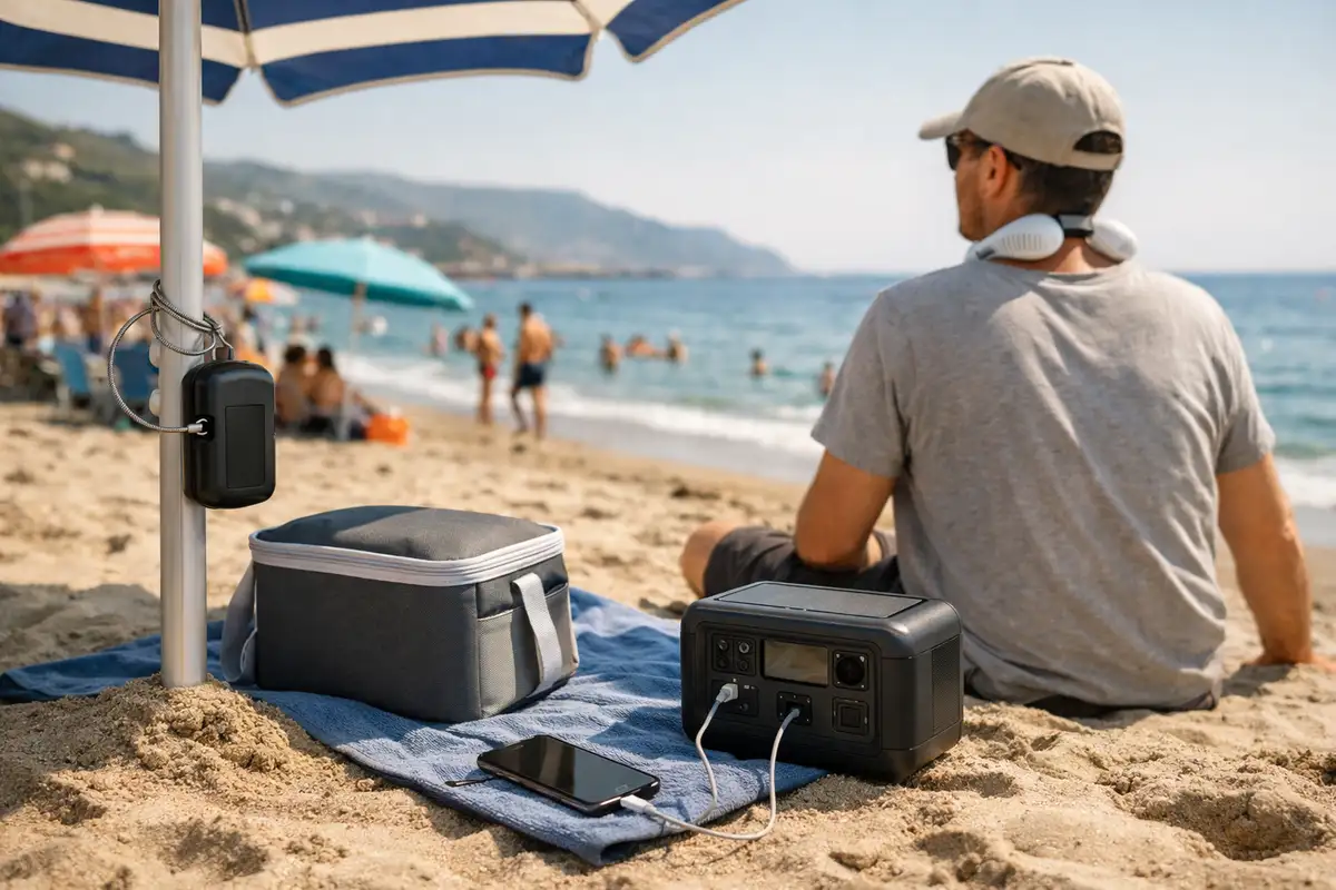 Gadget tech in spiaggia: power station che ricarica lo smartphone, borsa frigo e cassaforte con cavo all’ombrellone