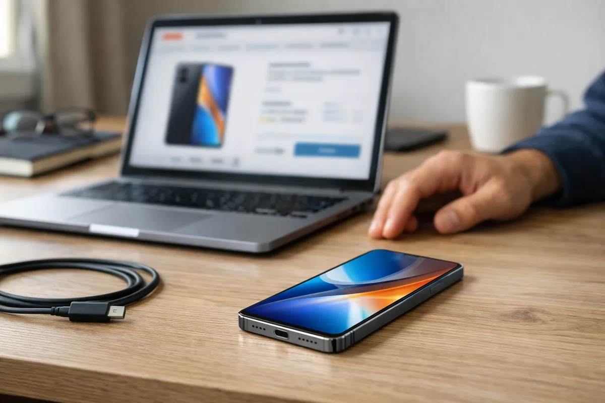 Smartphone su scrivania con cavo USB-C e laptop sullo sfondo con pagina di acquisto online sfocata