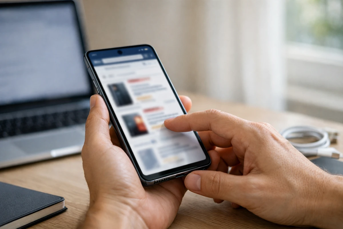 Mani che tengono uno smartphone con pagina di acquisto online sfocata, su scrivania con laptop e cavo USB-C