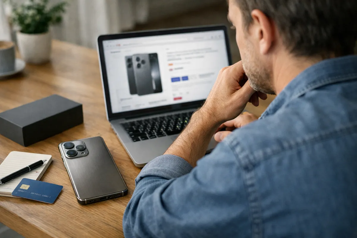 Uomo al tavolo guarda un sito di acquisti sul laptop; accanto smartphone premium con tripla fotocamera e carta di pagamento
