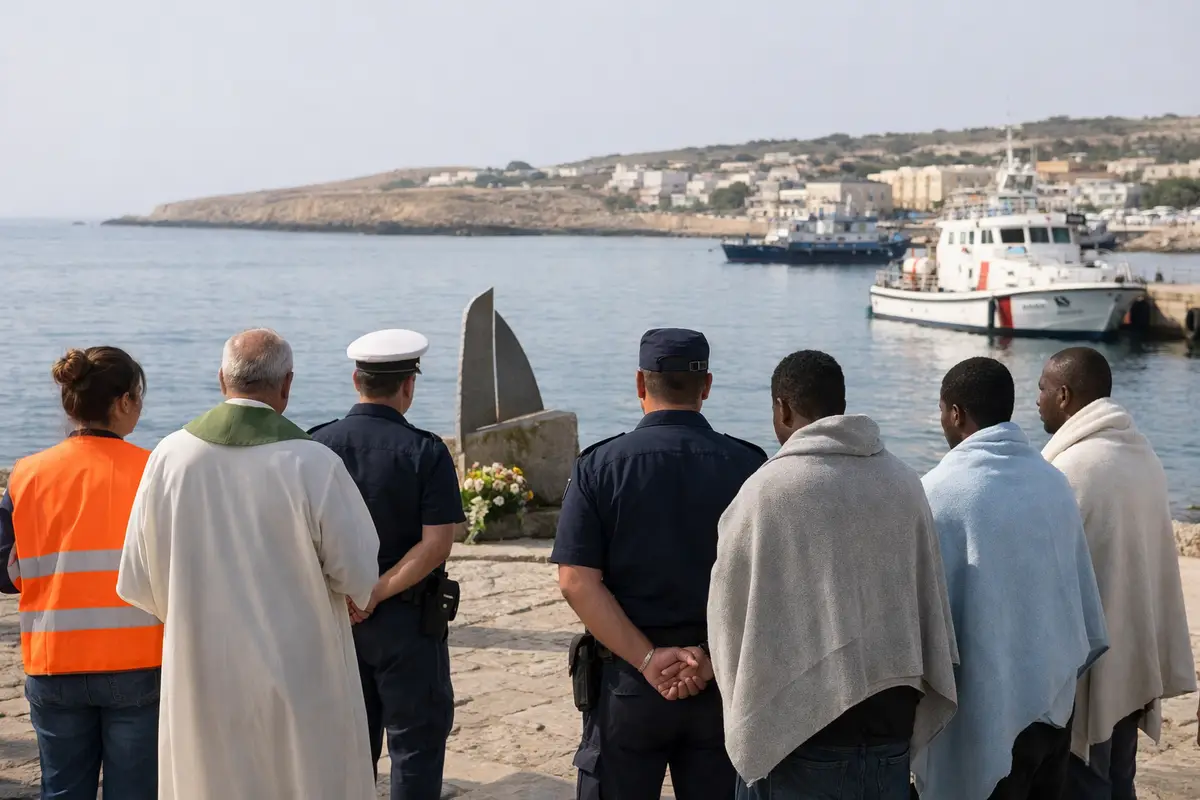 Gruppo in silenzio al molo davanti al mare, con sacerdote, guardia costiera e migranti con coperte vicino a un memoriale